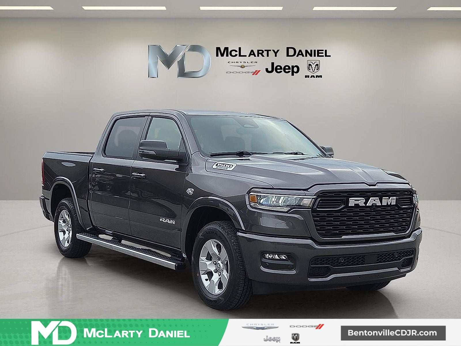 2026 RAM Ram 1500 RAM 1500 BIG HORN CREW CAB 4X4 5'7' BOX in Granite Crystal Metallic Clear-Coat Exterior Paint — front three-quarter view