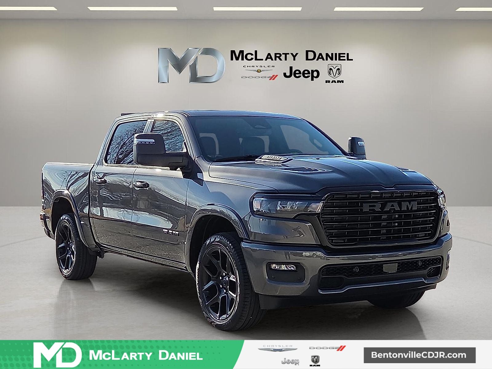 2026 RAM Ram 1500 RAM 1500 LARAMIE CREW CAB 4X4 5'7' BOX in Granite Crystal Metallic Clear-Coat Exterior Paint — front three-quarter view