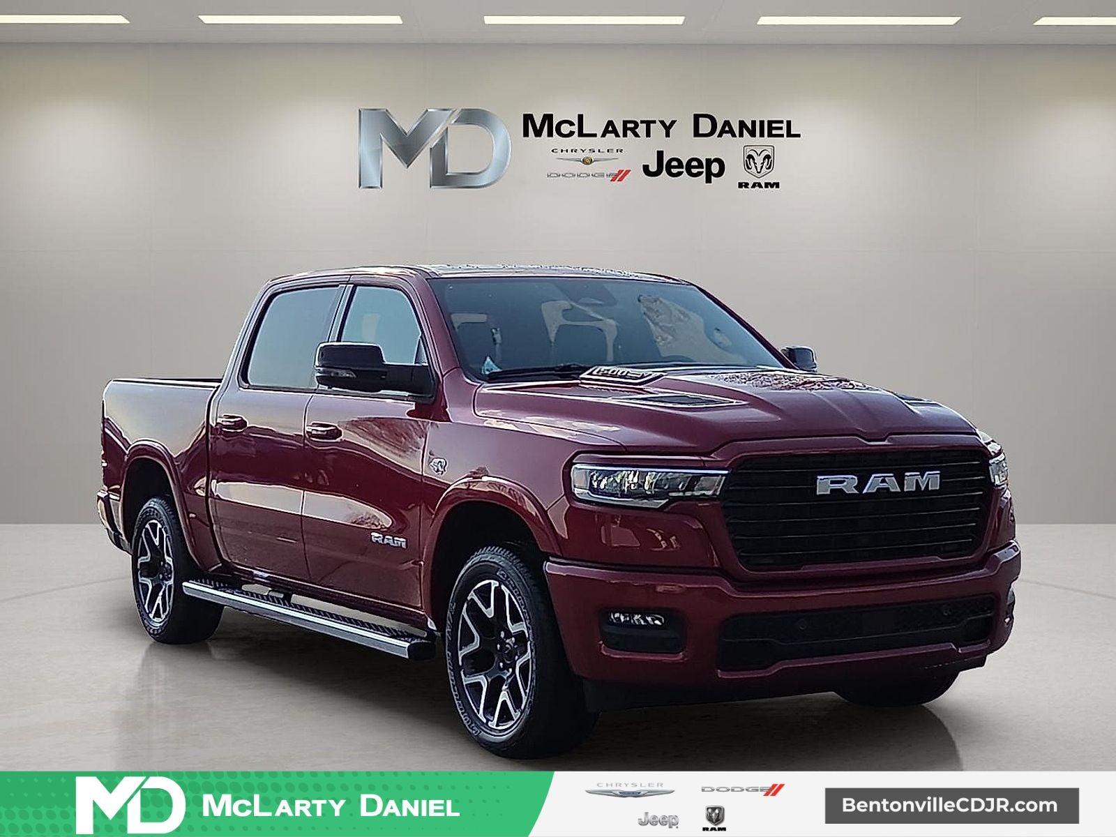 2026 RAM Ram 1500 RAM 1500 LARAMIE CREW CAB 4X4 5'7' BOX in Molten Red Pearl-Coat Exterior Paint — front three-quarter view