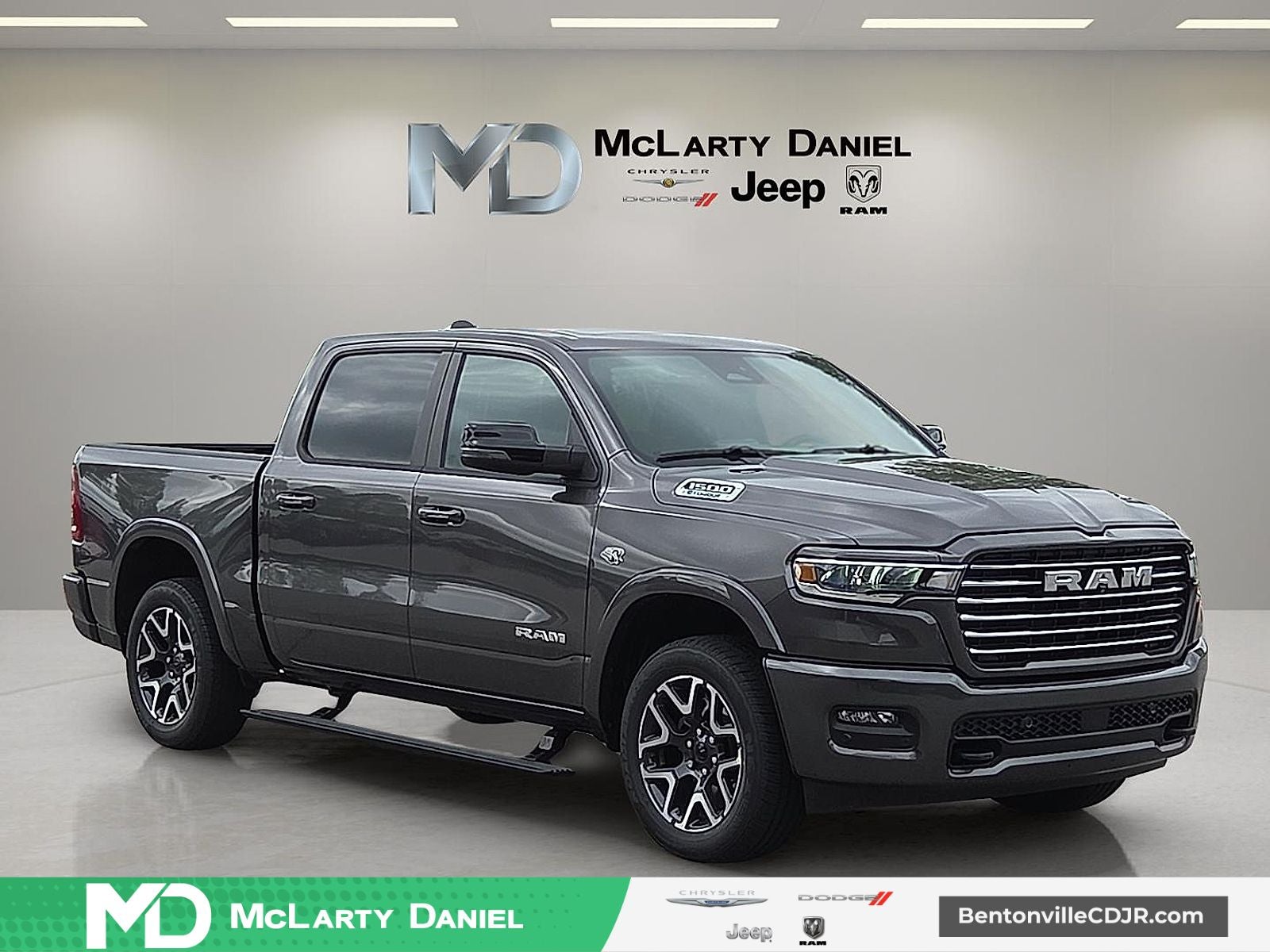 2026 RAM Ram 1500 RAM 1500 LARAMIE CREW CAB 4X4 5'7' BOX in Granite Crystal Metallic Clear-Coat Exterior Paint — front three-quarter view