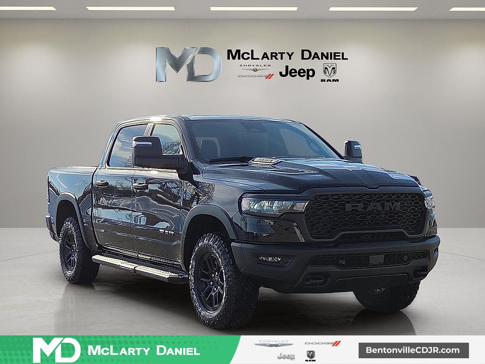 2026 RAM Ram 1500 RAM 1500 REBEL CREW CAB 4X4 5'7' BOX in Diamond Black Crystal Pearl-Coat Exterior Paint — front three-quarter view
