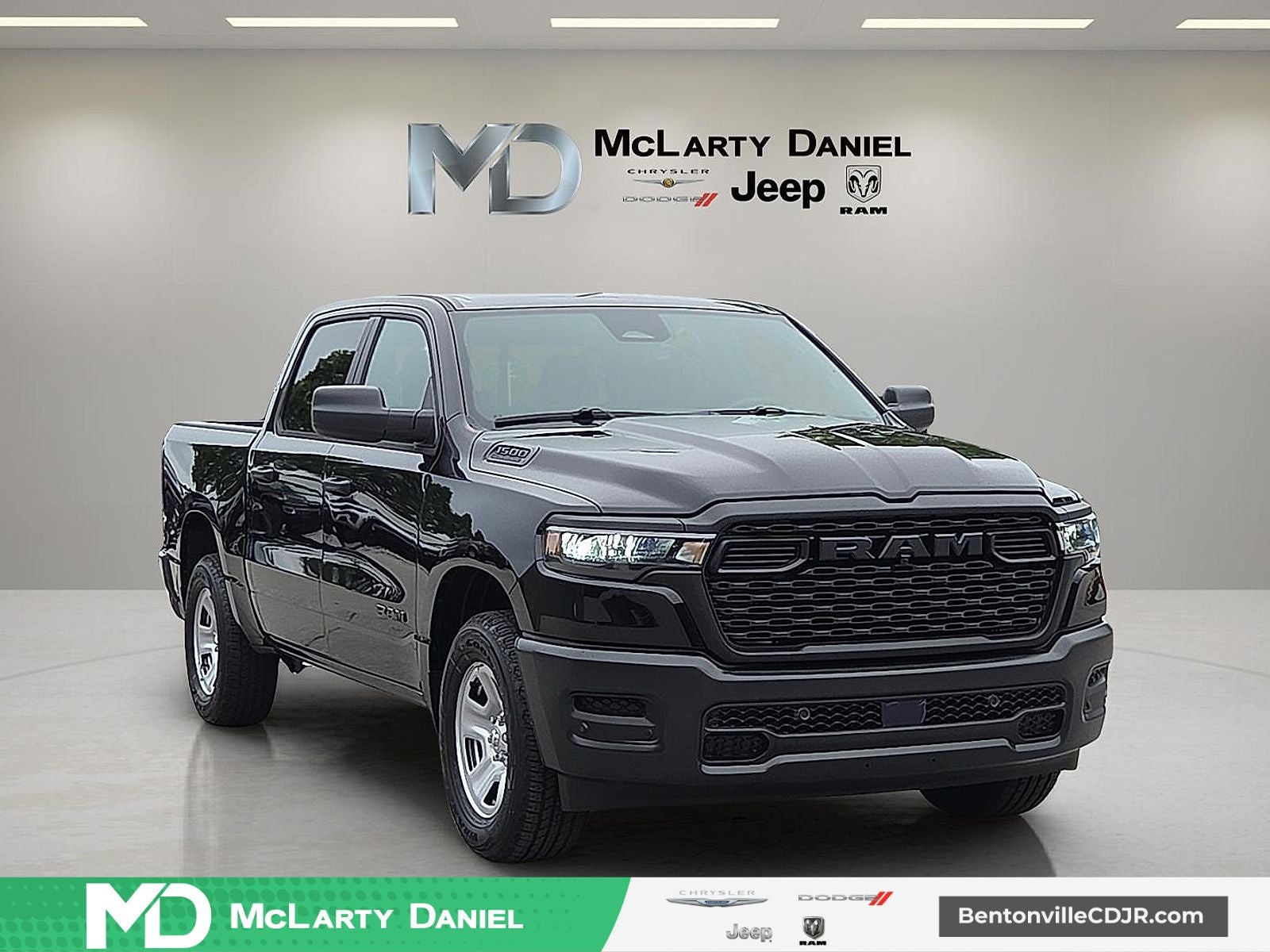 2026 RAM Ram 1500 RAM 1500 TRADESMAN CREW CAB 4X4 5'7' BOX in Diamond Black Crystal Pearl-Coat Exterior Paint — front three-quarter view