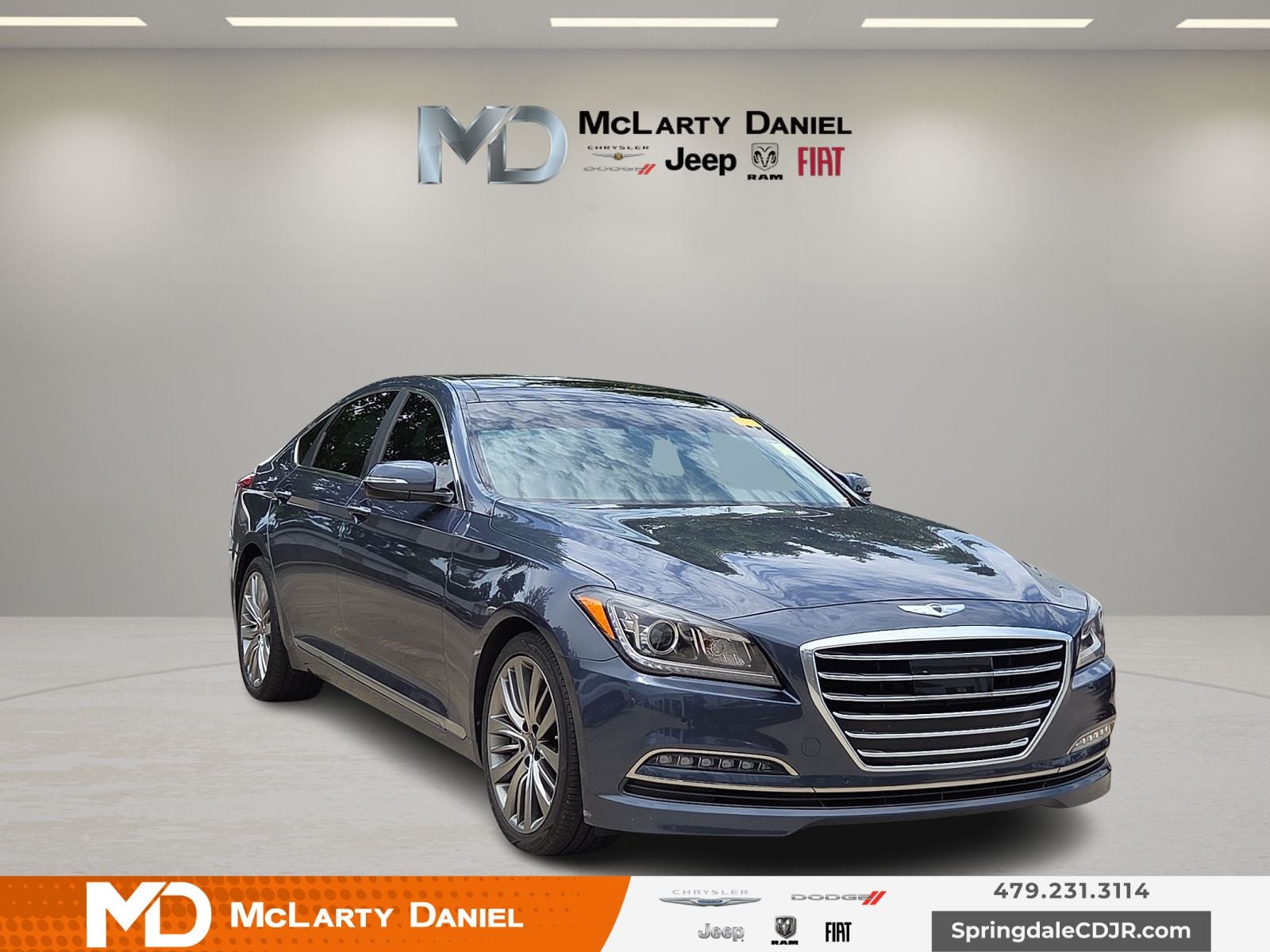 2015 Hyundai Genesis 5.0 in Montecito Blue — front three-quarter view